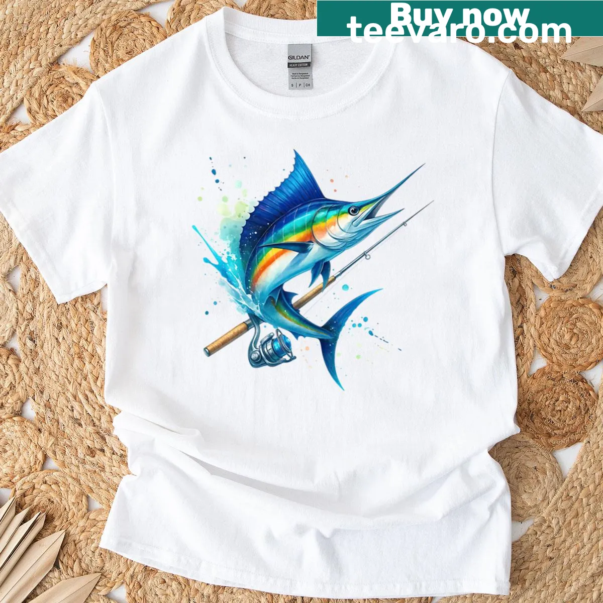 Jumping marlin and fishing rod graphic on a t-shirt — on a men's t-shirt
