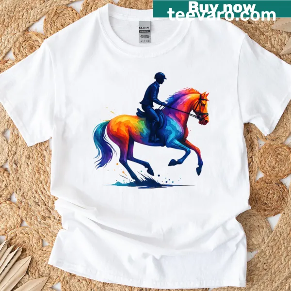 Watercolor design of a horse and rider in motion on a t-shirt