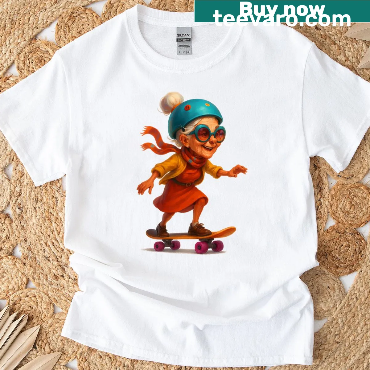 Cartoon-style T-shirt of a granny on a skateboard — on a men's t-shirt