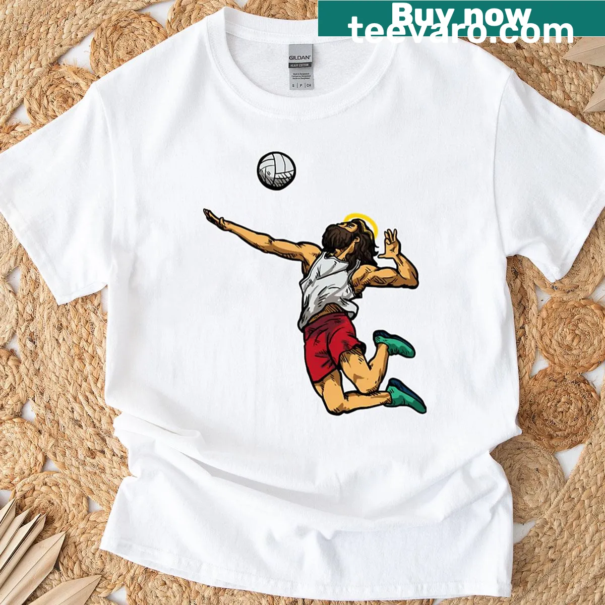 Jesus-themed volleyball T-shirt with humorous design — on a men's t-shirt