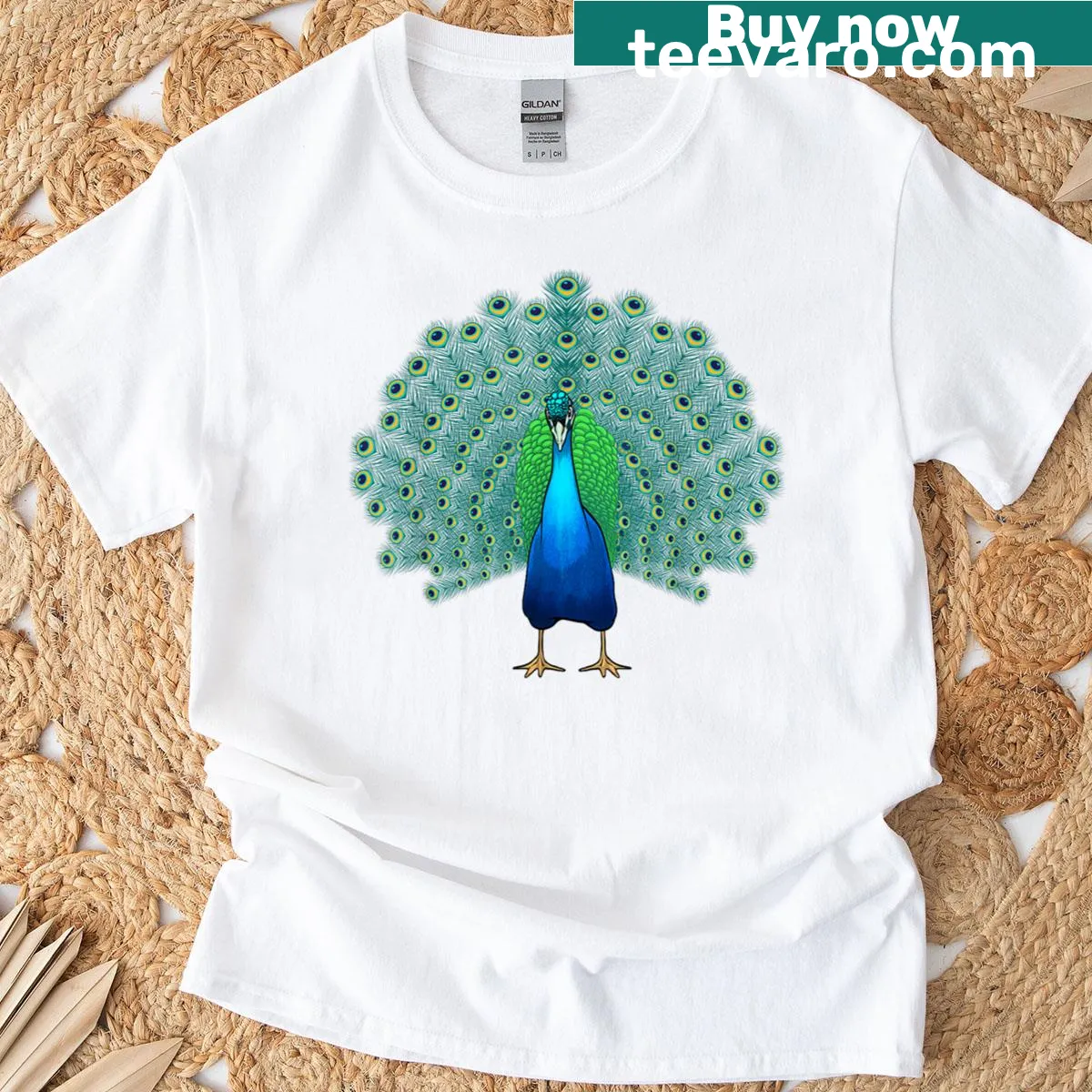 Artistic t-shirt featuring detailed peacock feathers — on a men's t-shirt