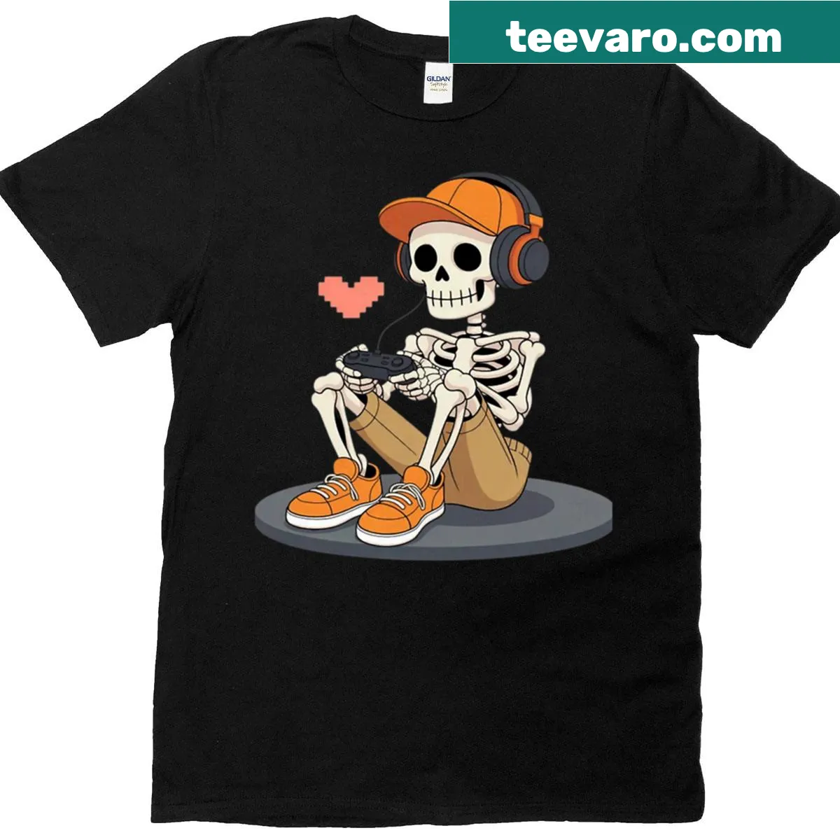 Skeleton with gaming headset for Halloween-themed gamers — on a men's t-shirt