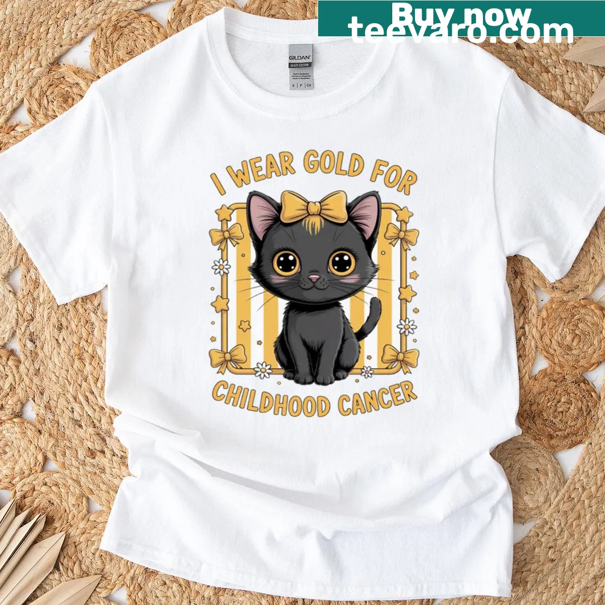 Illustrative black cat wearing a bow with the message for childhood cancer awareness. — on a men's t-shirt