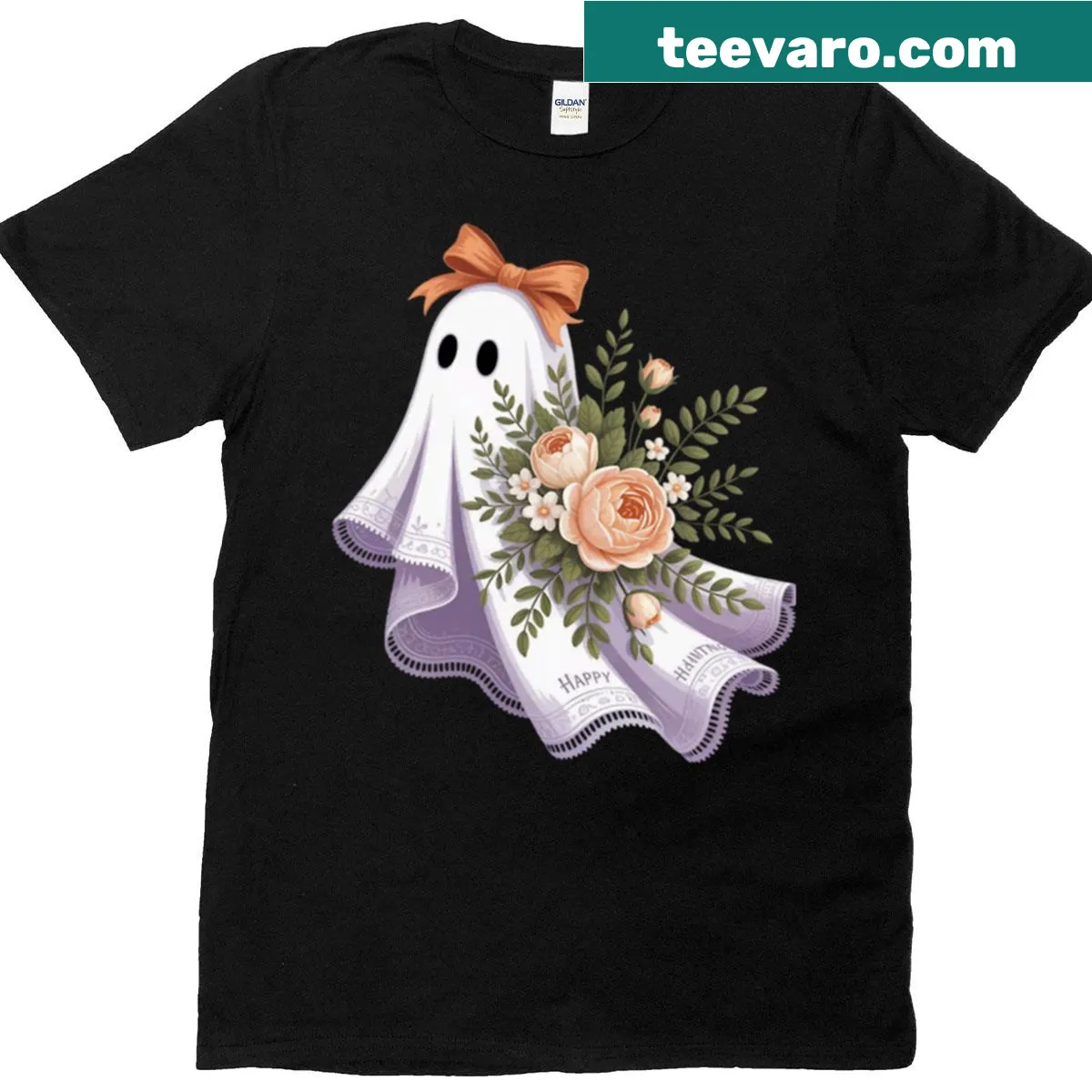 Spooky T-shirt with a lace ghost and bow design for Halloween — on a men's t-shirt