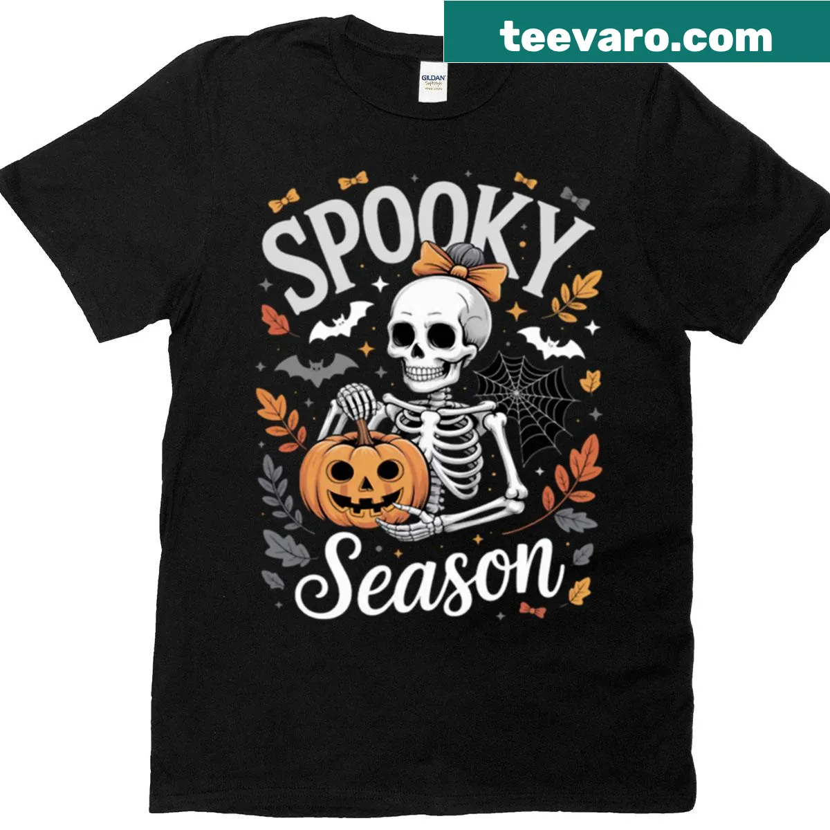 Skeleton with a bow surrounded by pumpkins in a Halloween design — on a men's t-shirt