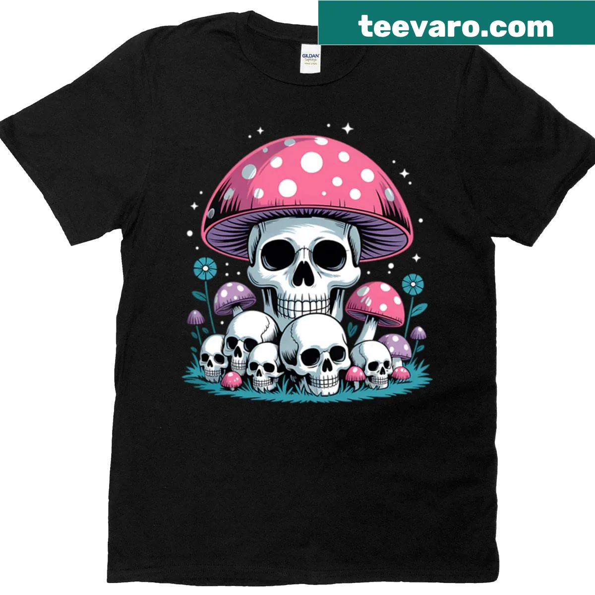 Cottagecore Halloween T-shirt with skeleton and mushroom design — on a men's t-shirt