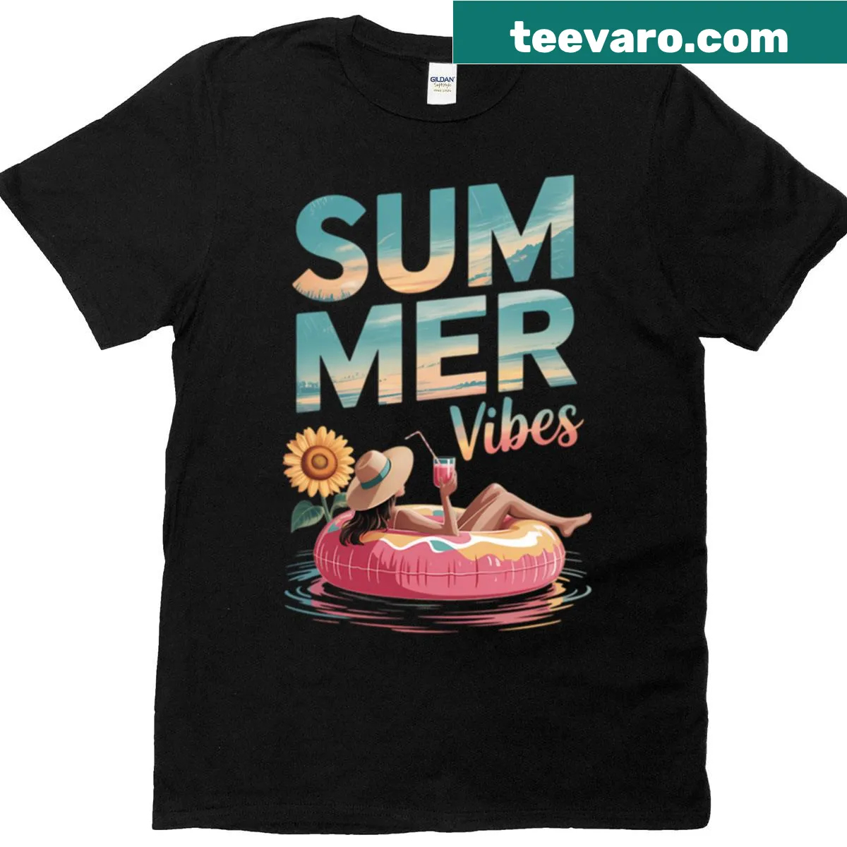 Summer-themed T-shirt with playful cowgirl and pool float design — on a men's t-shirt