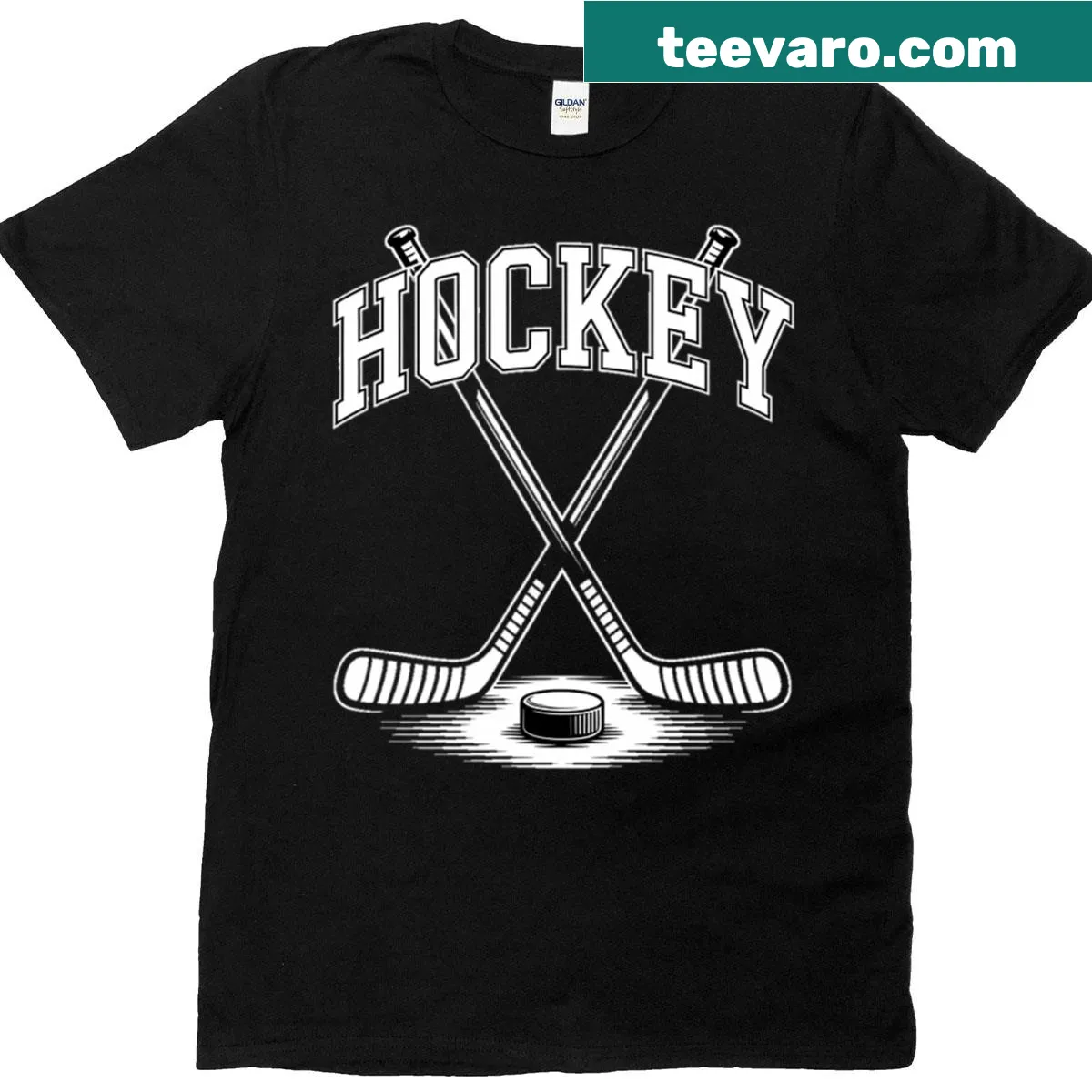 Funny hockey cross-checking hug t-shirt — on a men's t-shirt