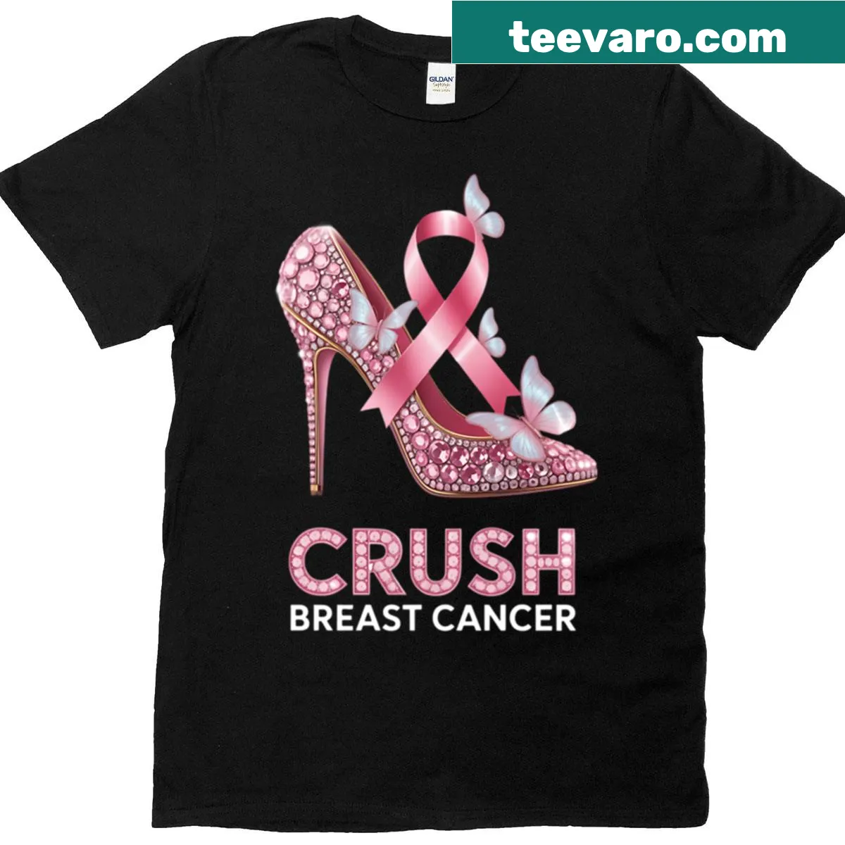 Pink ribbon with bling accents graphic on a t-shirt. — on a men's t-shirt