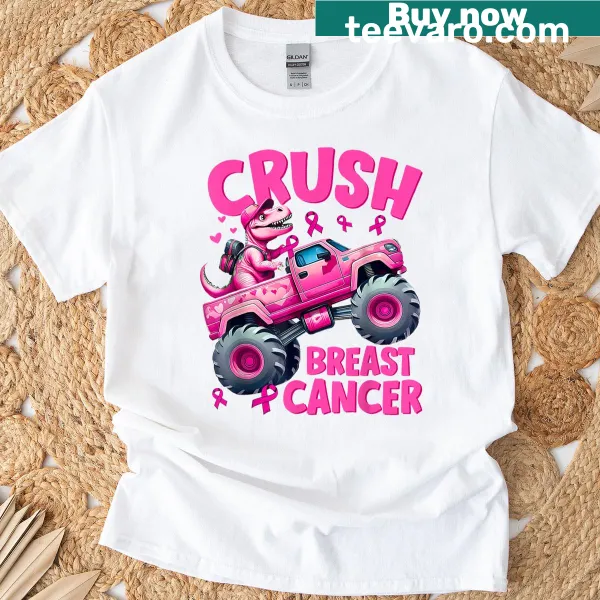 Cartoon T-rex dinosaur in a monster truck for breast cancer awareness