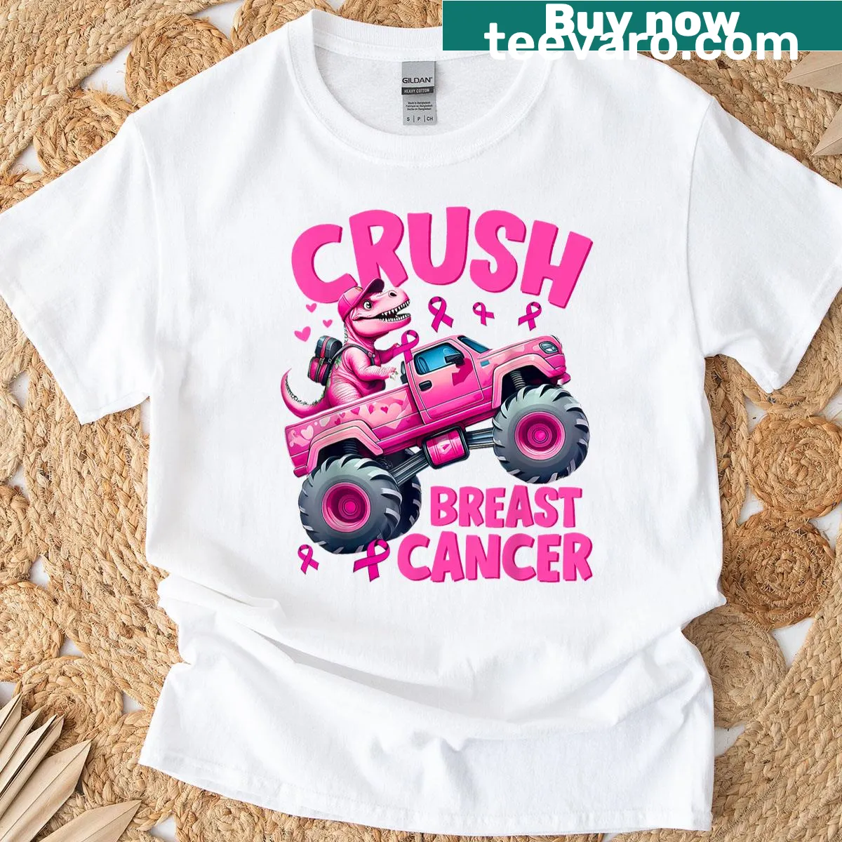 Cartoon T-rex dinosaur in a monster truck for breast cancer awareness — on a men's t-shirt