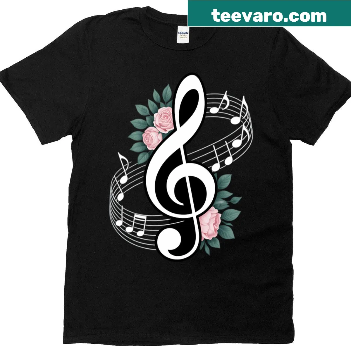 Music teacher t-shirt featuring musical notes and flowers design — on a men's t-shirt