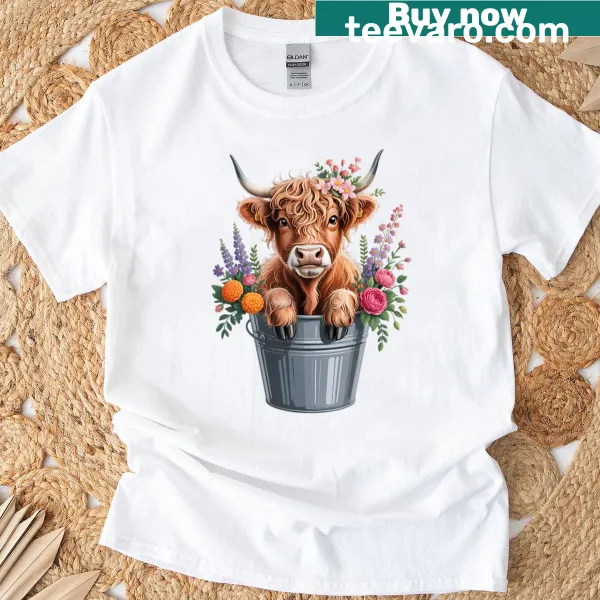 Illustration of a baby Highland cow with flowers on a t-shirt