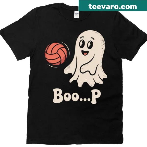 Cartoon ghost playing volleyball on Halloween-themed T-shirt