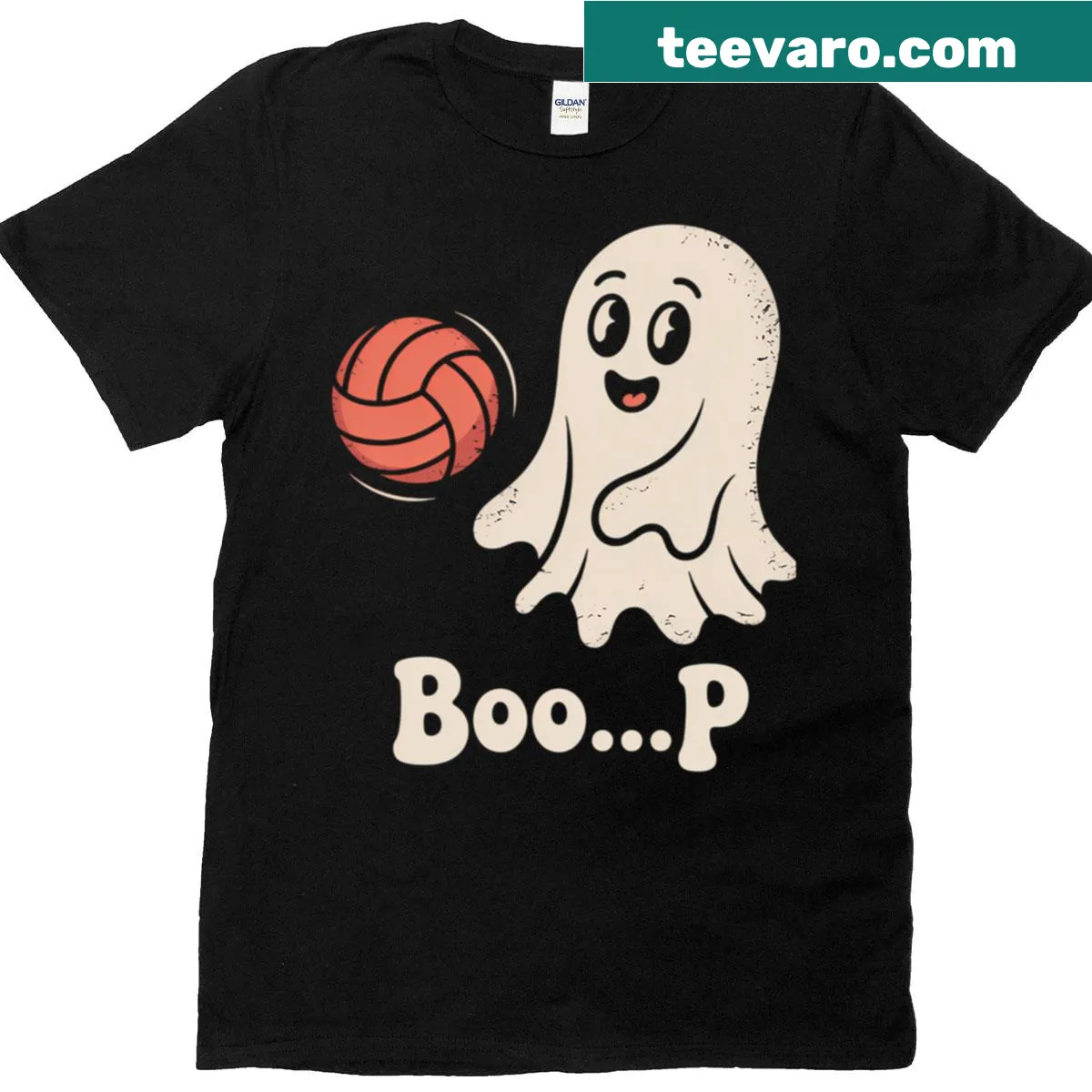 Cartoon ghost playing volleyball on Halloween-themed T-shirt — on a men's t-shirt