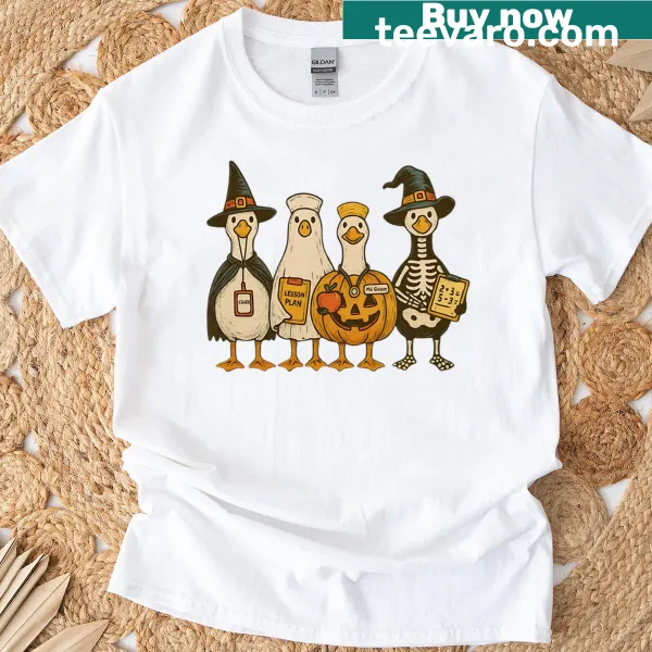 Cute goose in a witch hat with Halloween elements on T-shirt