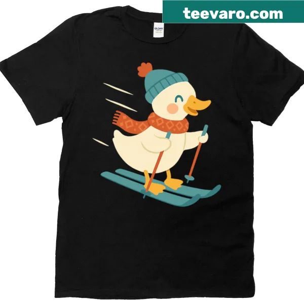 Cute skiing duck illustration on a winter sports T-shirt