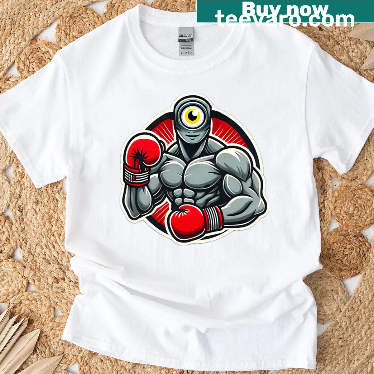 Cartoon cyclops in boxing gloves on a playful T-shirt design — on a men's t-shirt