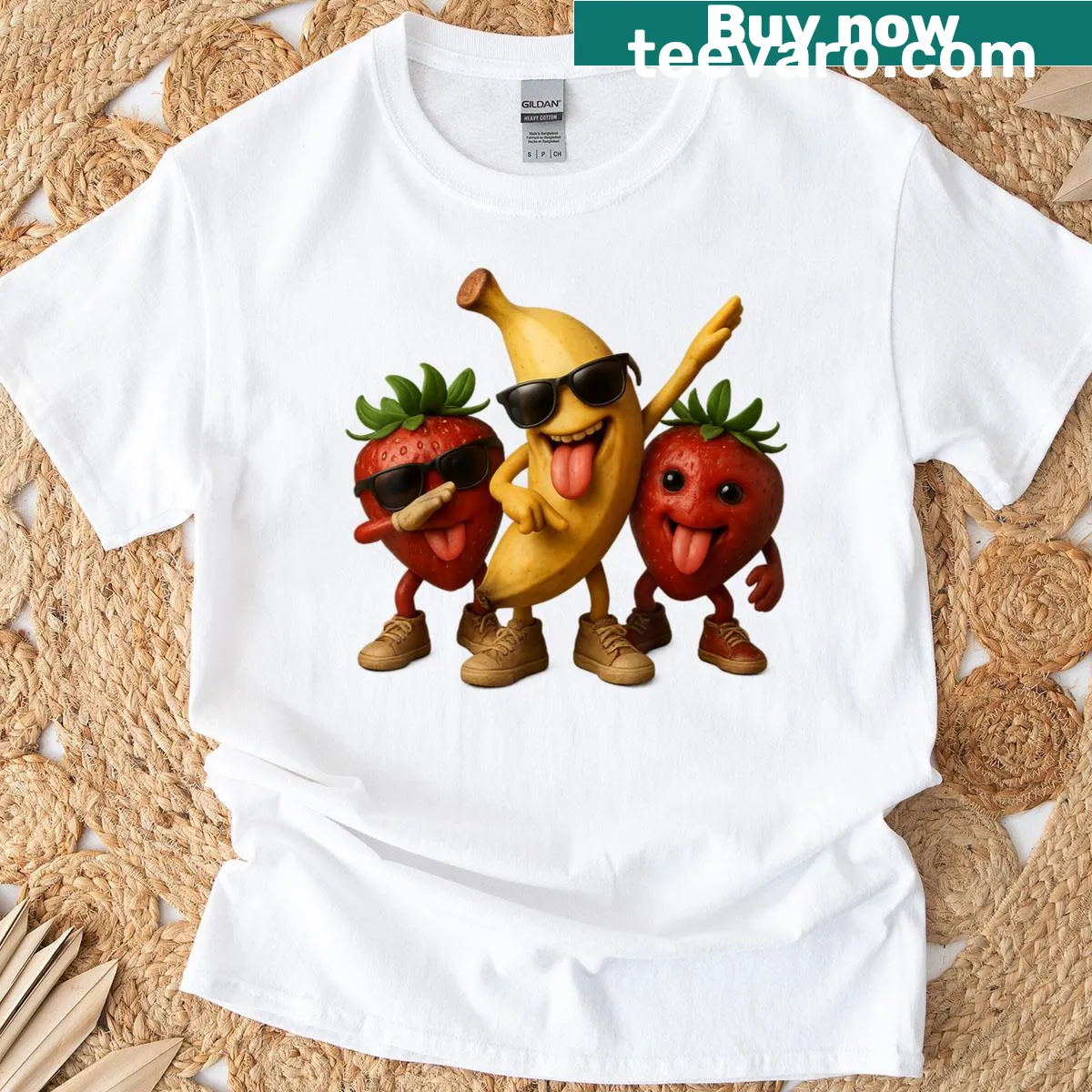 Funny T-shirt with a dabbing banana and strawberry design — on a men's t-shirt