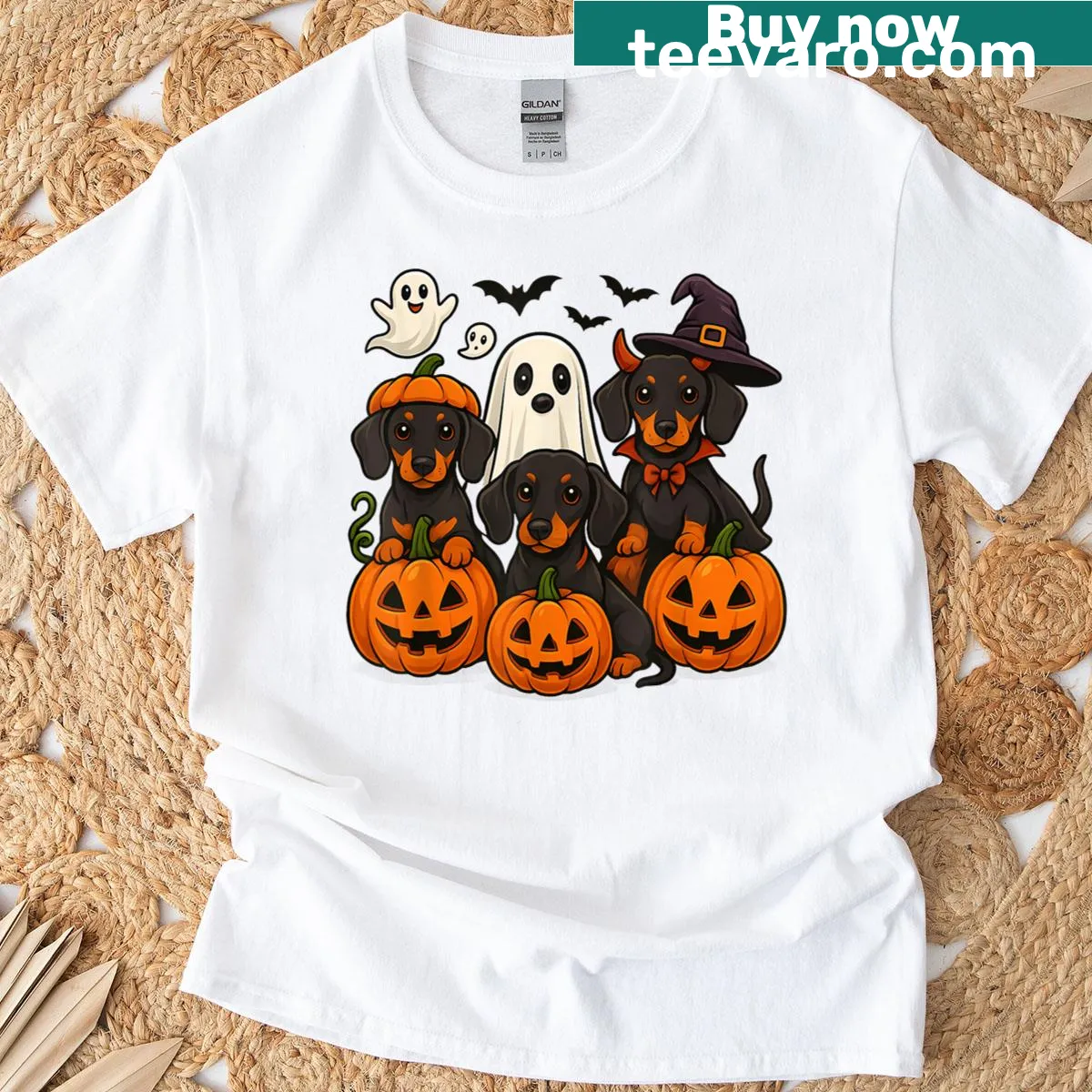 Cartoon dachshund dressed as a hot dog on Halloween T-shirt — on a men's t-shirt