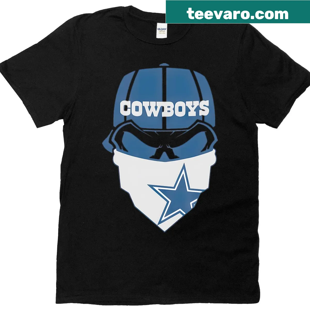 Skull art T-shirt for Dallas football fans showcasing bold design. — on a men's t-shirt