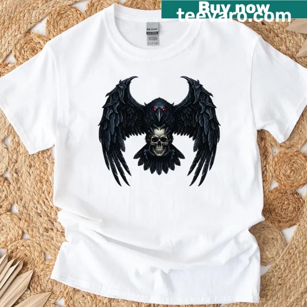 T-shirt featuring a dark raven and skull illustration