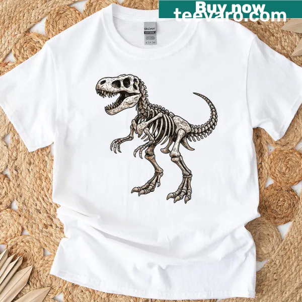 Dinosaur skeleton Halloween t-shirt for kids featuring T-Rex design
