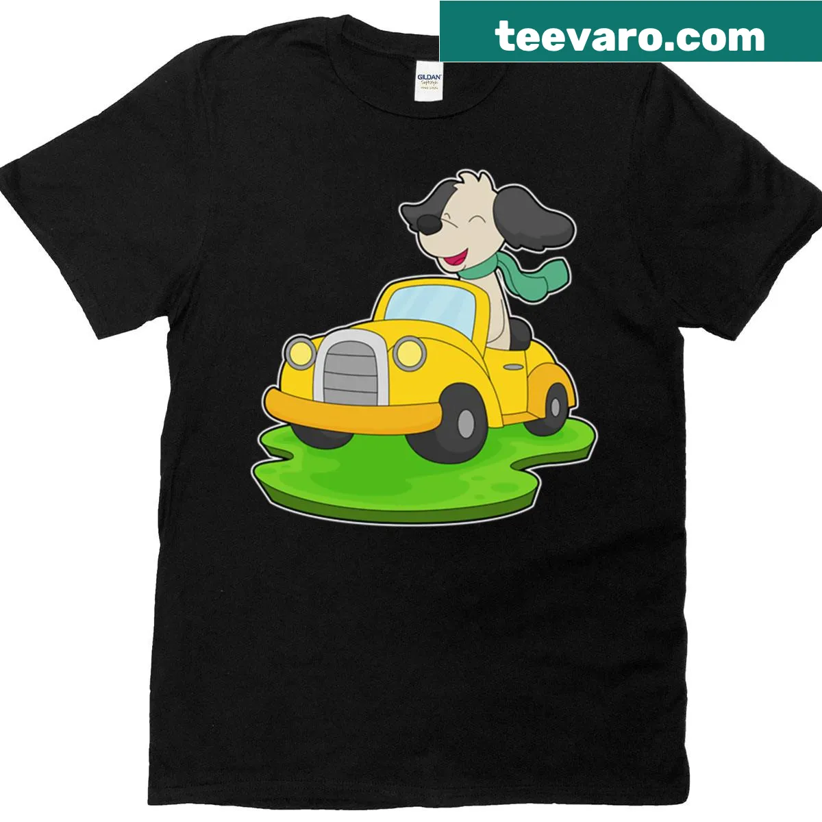 Illustration of a dog in a car for a playful graphic tee — on a men's t-shirt