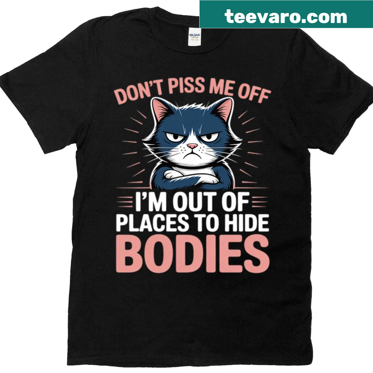 Edgy t-shirt with bold text saying 'Don't Piss Me Off I'm Out Of Places To Hide Bodies' — on a men's t-shirt