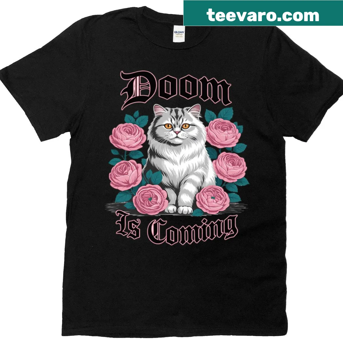 Funny t-shirt with 'Doom Is Coming' and a cat graphic. — on a men's t-shirt