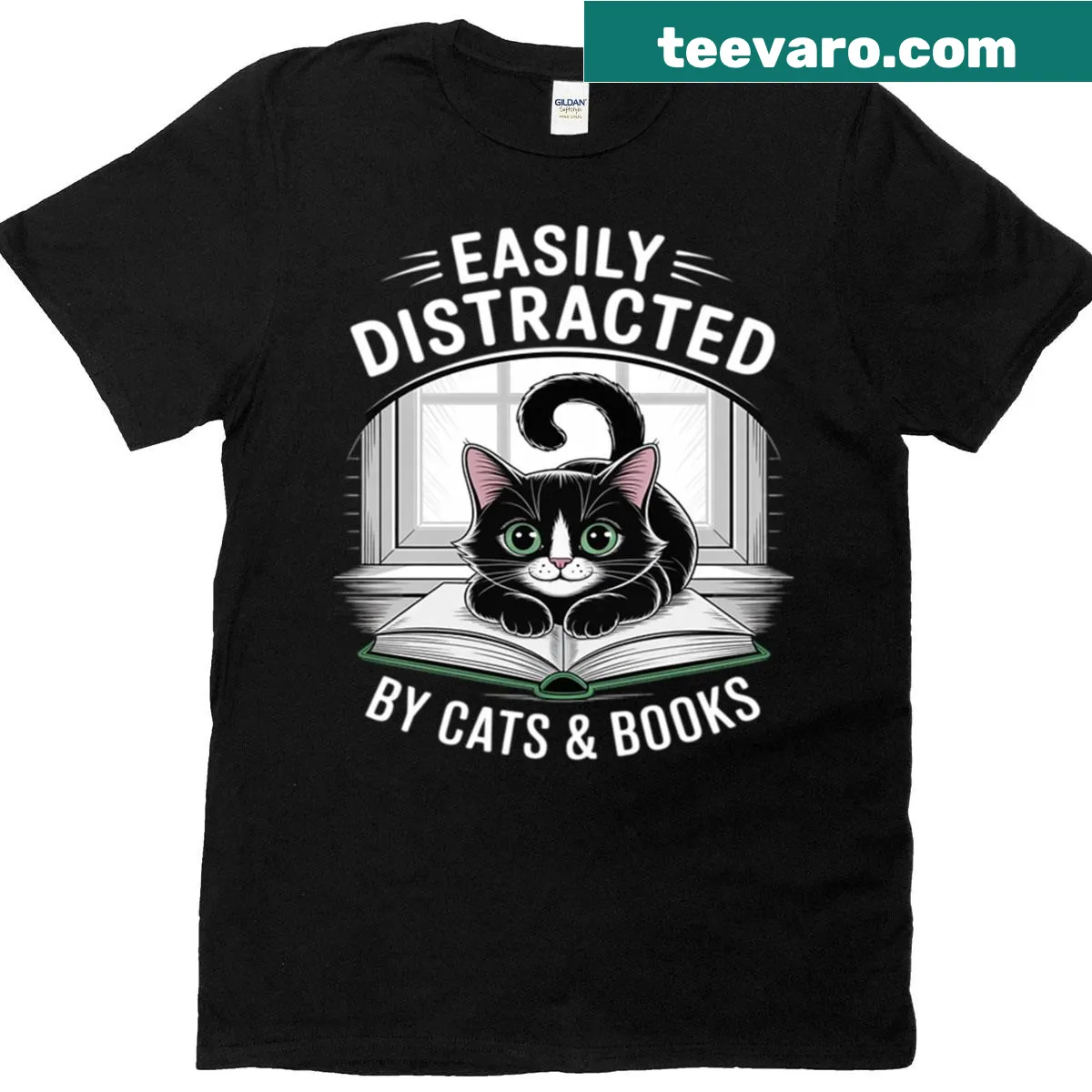 Funny cat and book lover t-shirt with black cat graphic — on a men's t-shirt
