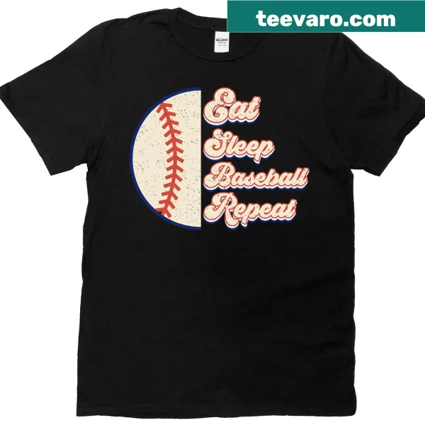 Baseball-themed t-shirt with 'Eat Sleep Baseball Repeat' text.