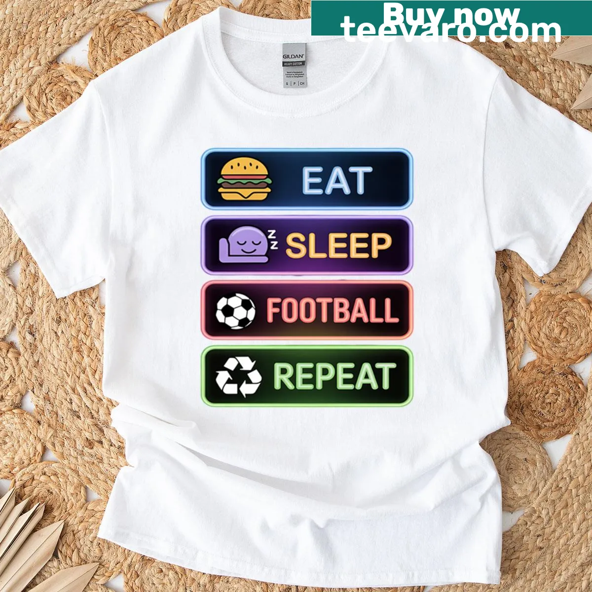 Typography shirt saying Eat Sleep Football Repeat in a fun style. — on a men's t-shirt