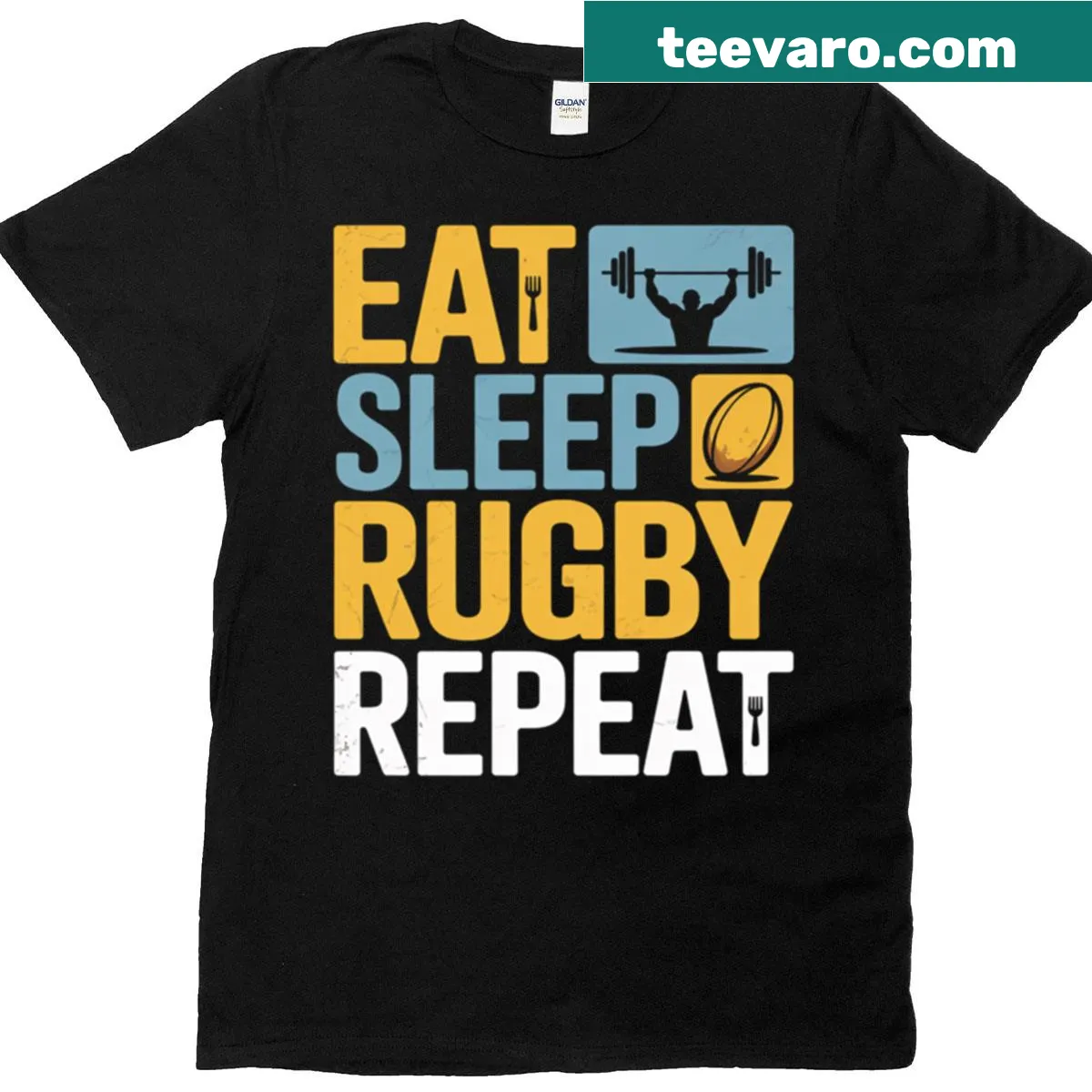 Typography t-shirt with 'Eat Sleep Rugby Repeat' for rugby lovers — on a men's t-shirt