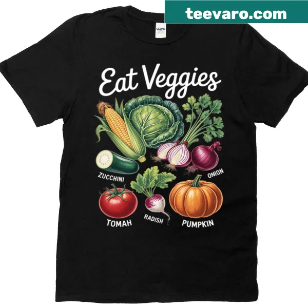 T-shirt promoting healthy eating with text about gardening and veggies