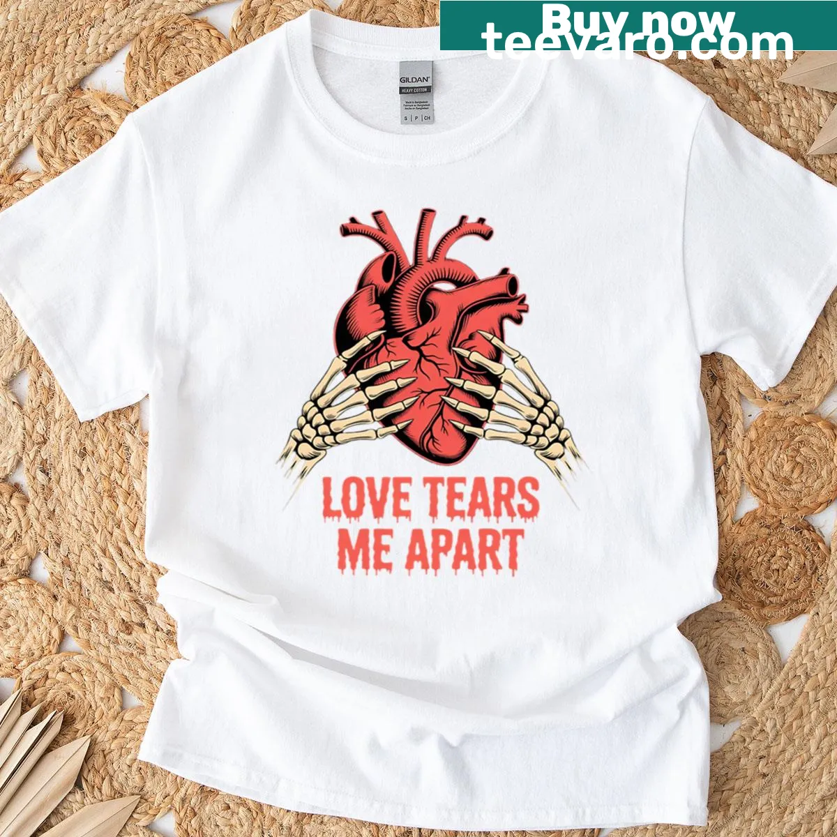 Illustrated t-shirt with skeleton hands and emo-themed design about love. — on a men's t-shirt