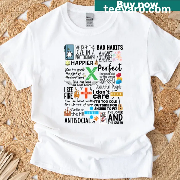 T-shirt featuring whimsical illustrations related to songwriting