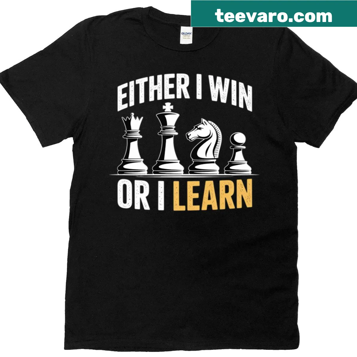 Chess-themed shirt with various chess pieces and motivational text — on a men's t-shirt