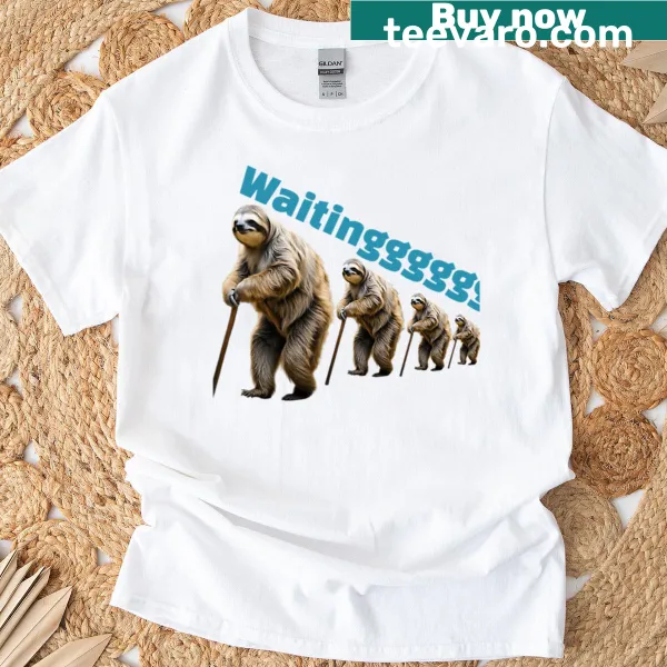 Cartoon T-shirt featuring an elder sloth waiting in a queue