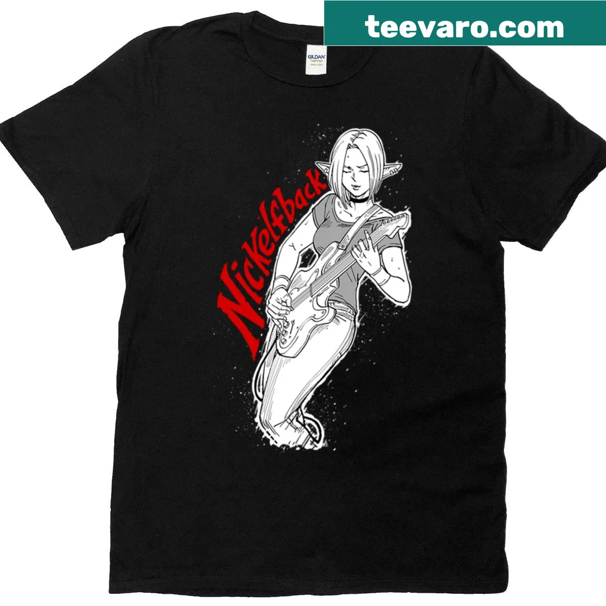 Festive T-shirt featuring Elf-themed rock band graphic — on a men's t-shirt
