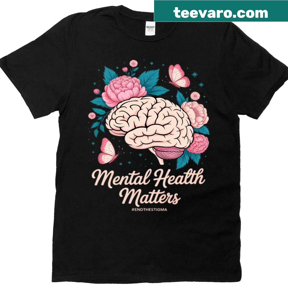 Floral brain graphic t-shirt promoting mental health awareness — on a men's t-shirt