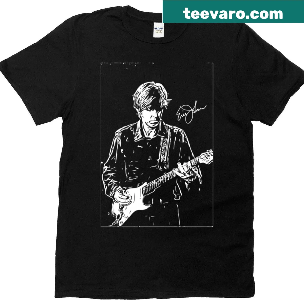 Eric Johnson Guitar T-shirt with bold graphic design. — on a men's t-shirt