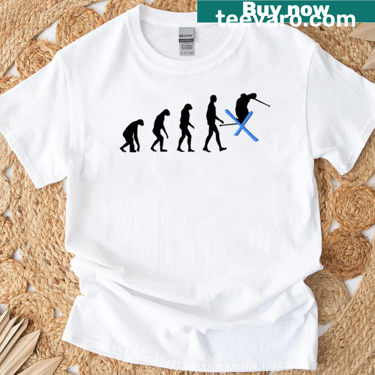 Typographic T-shirt depicting the evolution of skiing — on a men's t-shirt