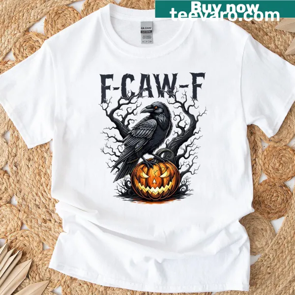 Funny black crow illustration on a Halloween-themed T-shirt
