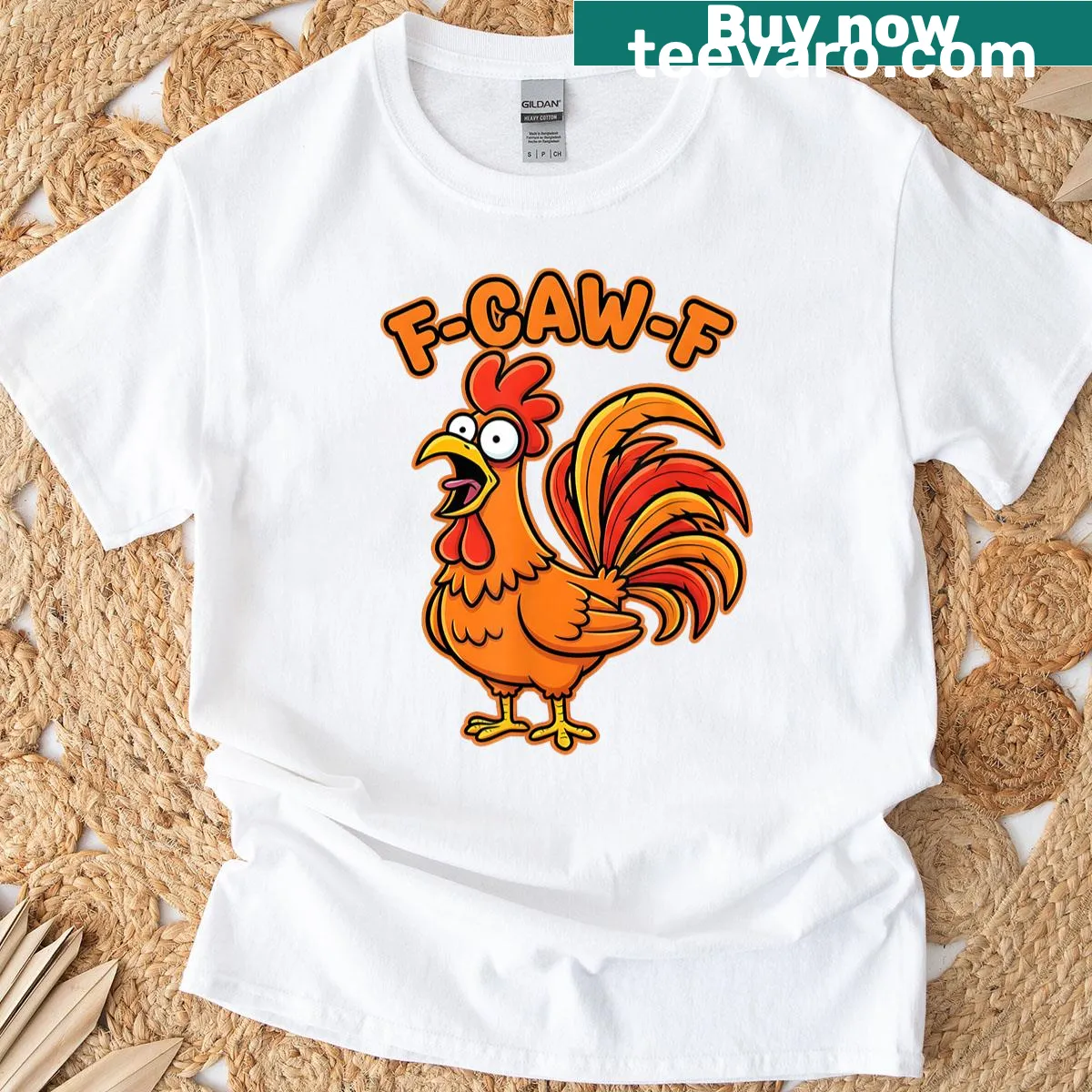 Funny chicken humor design t-shirt with 'F-caw-f' text — on a men's t-shirt