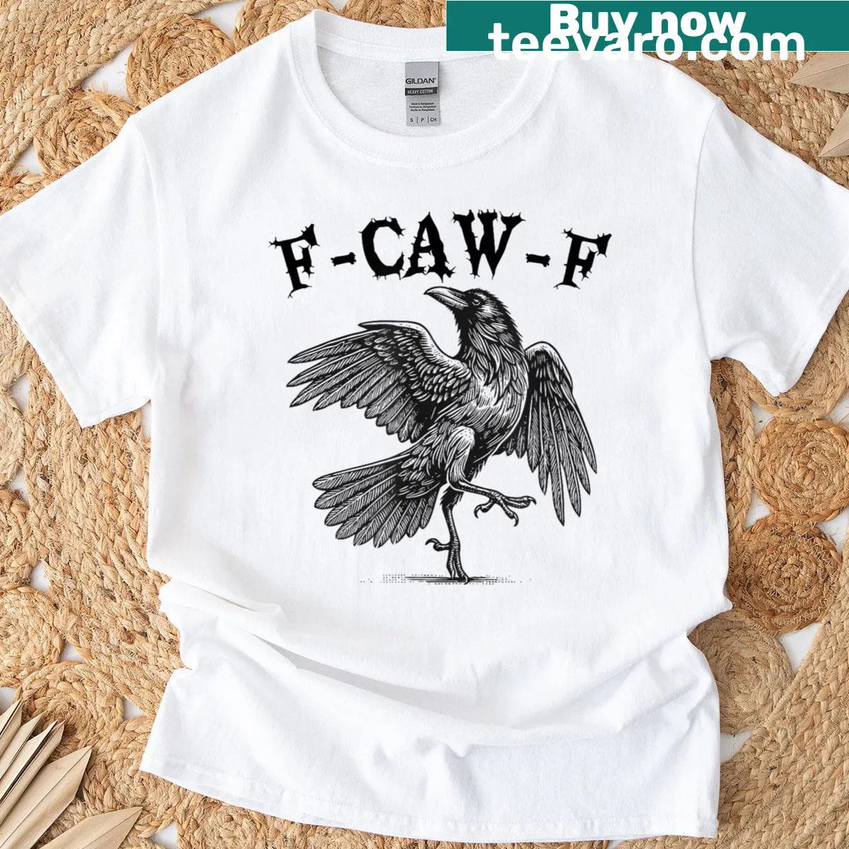 Funny Halloween T-shirt featuring a cartoon black crow — on a men's t-shirt