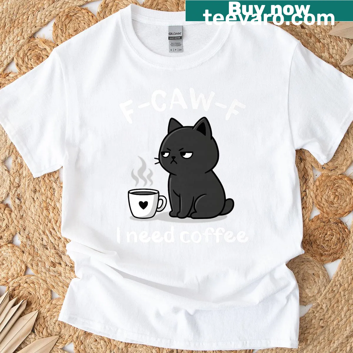 Angry cat graphic with humorous coffee saying on T-shirt — on a men's t-shirt