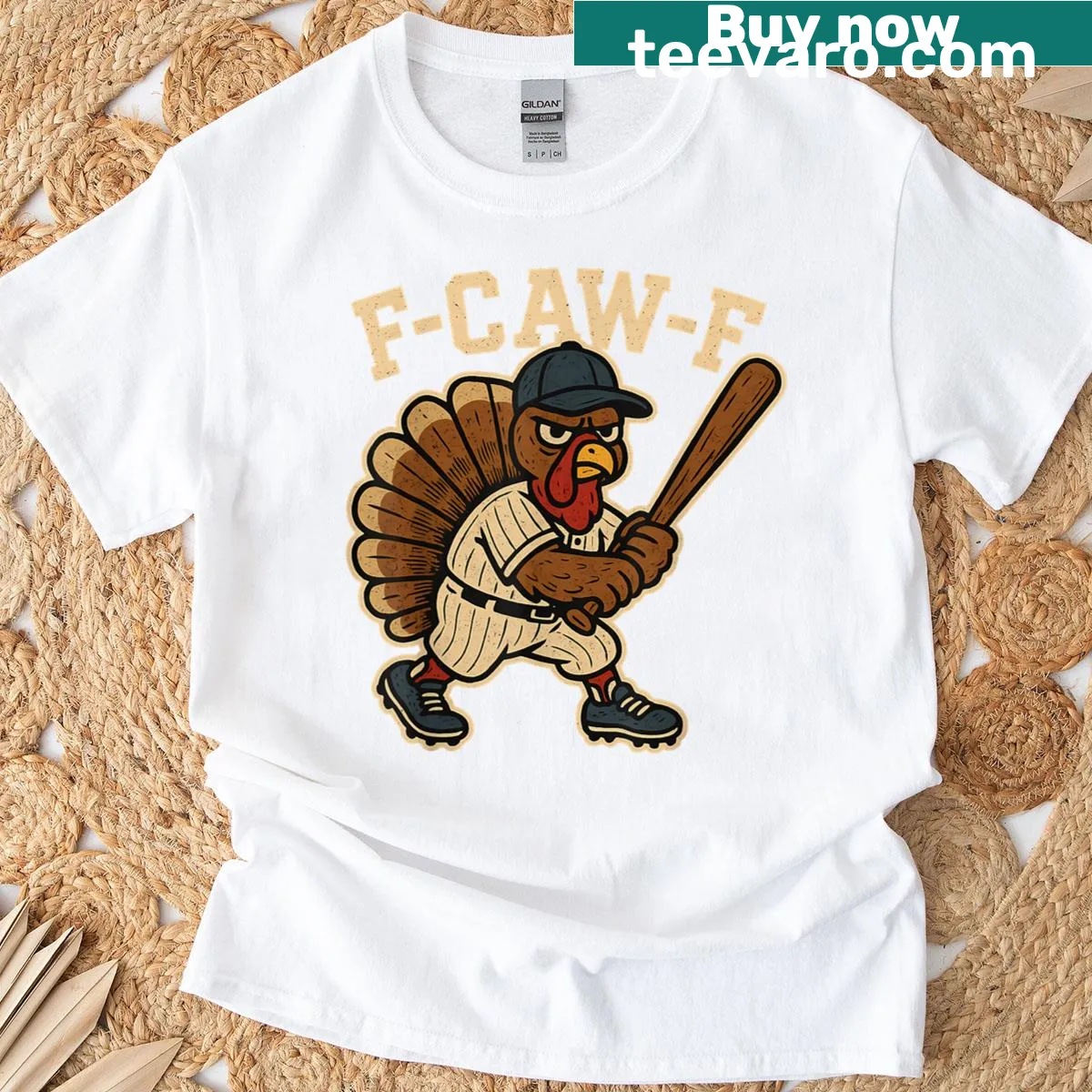 Cartoon turkey with baseball bat and text, humorous Thanksgiving T-shirt. — on a men's t-shirt
