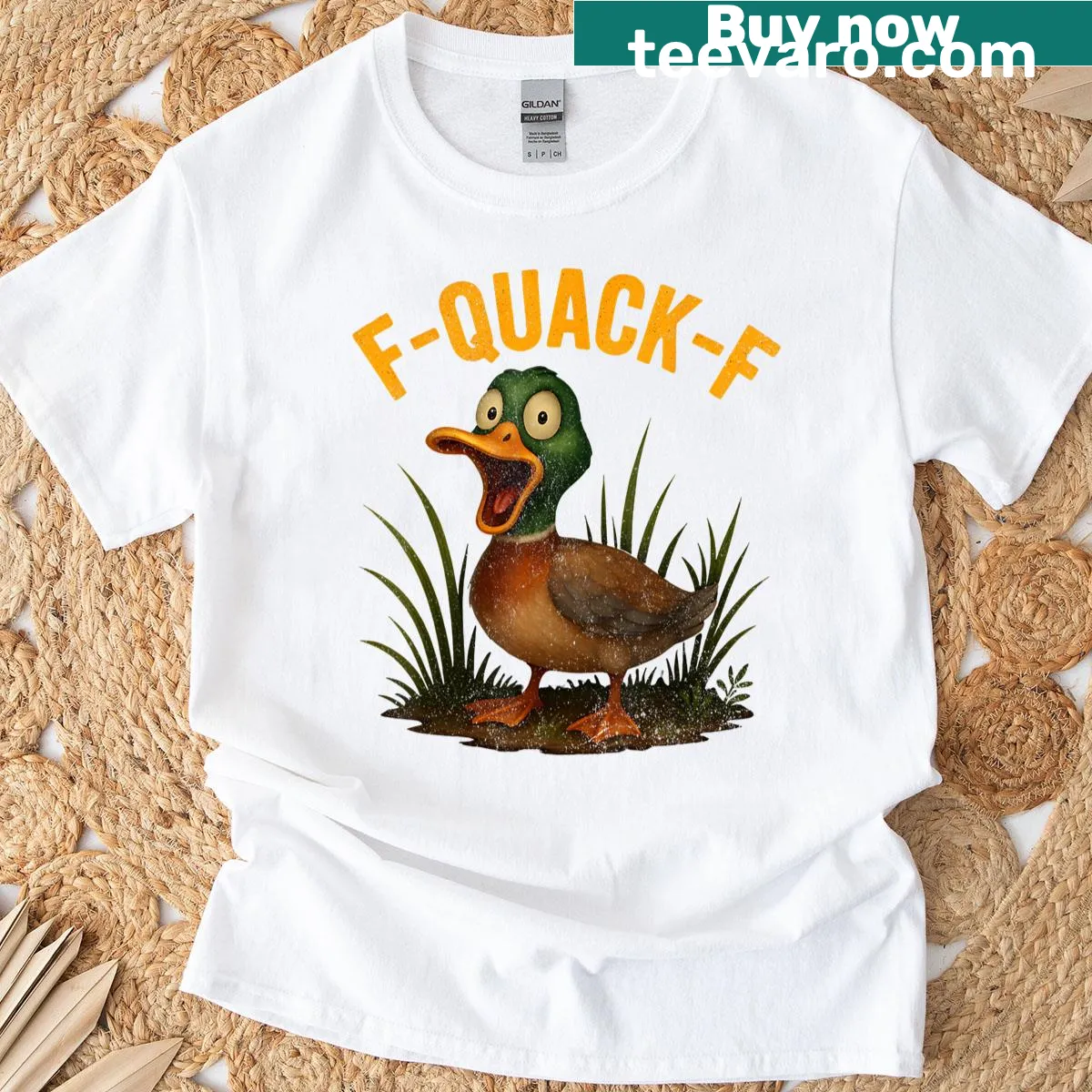 Cartoon-style T-shirt with a funny duck hunting pun design — on a men's t-shirt