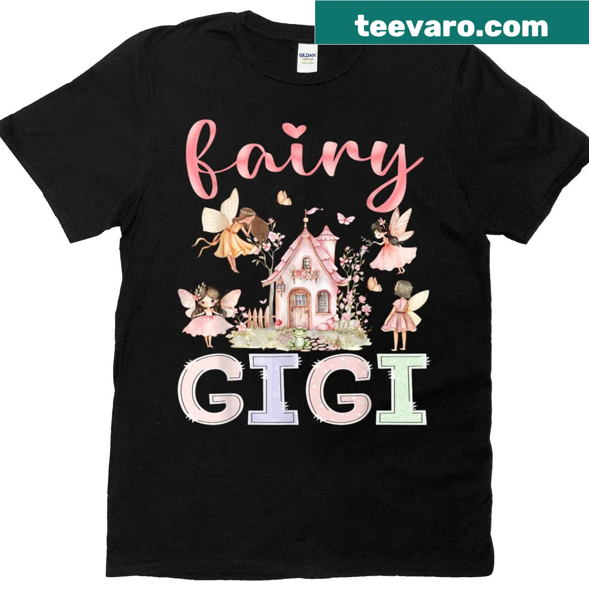 Whimsical birthday-themed T-shirt with 'Fairy Gigi' text — on a men's t-shirt